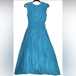 SILK-BLEND TWILL SMOCKED-WAIST DRESS IN DARK TEAL